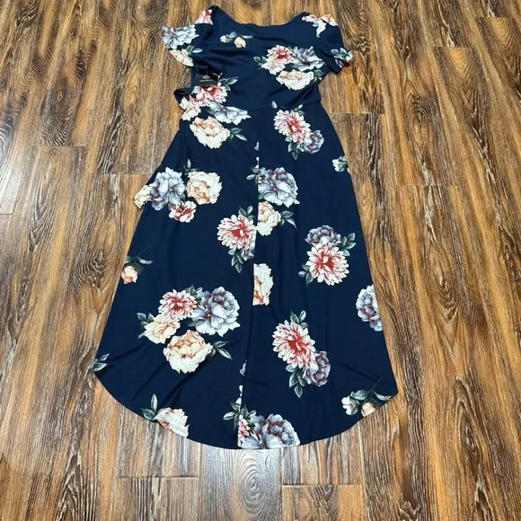 Navy Floral High-Low Wrap Dress - Picture 2 of 2